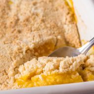 3 Ingredient Cake Mix Dump Peach Cobbler, yes, just 3 ingredients plus one hour and you can be enjoying this cobbler today!
