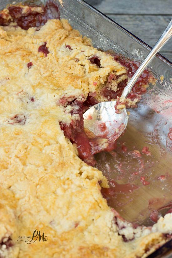 Easy Strawberry Dump Cobbler is also known as Ridiculously Easy Cake and Are You Kidding Me Cake? Fruit dessert recipe in a baking pan.