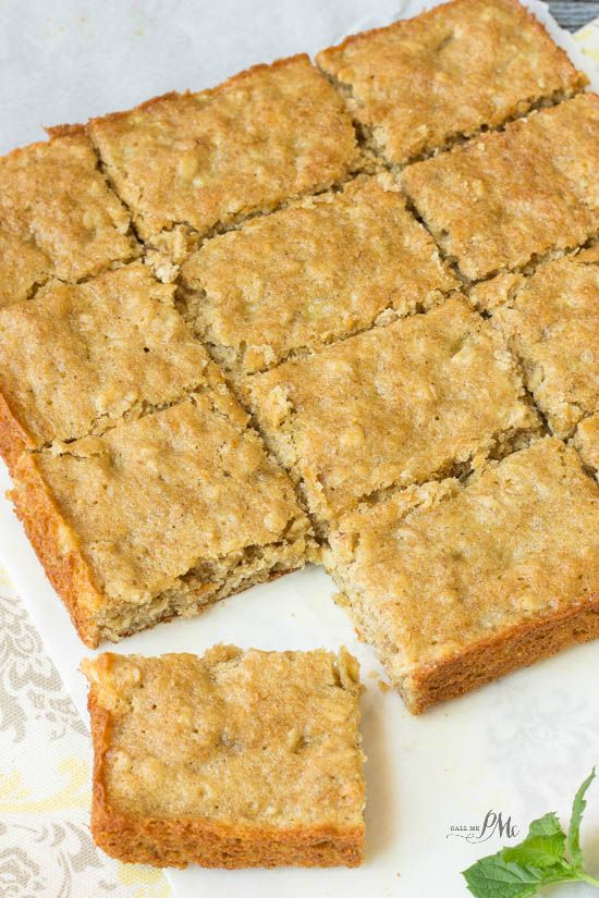 Blondies cut into squares on a table.