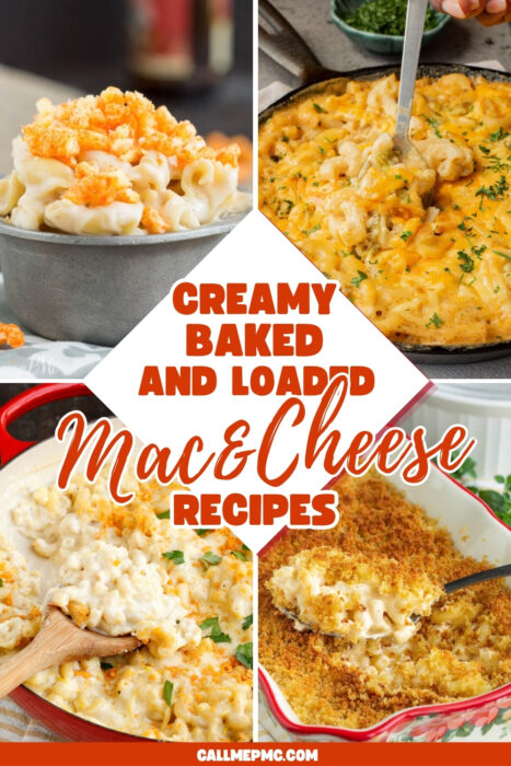 Collage of four mac and cheese dishes, each with creamy cheese and toppings like breadcrumbs or herbs. Text in center reads “Creamy Baked and Loaded Mac & Cheese Recipes.” Discover mouthwatering mac and cheese recipes perfect for any comfort food craving.