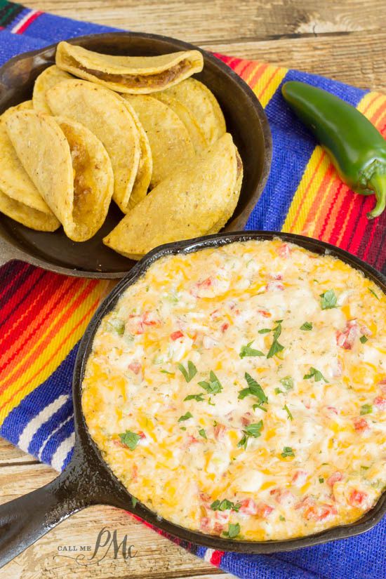 Dip made in a skillet with tortilla chips.