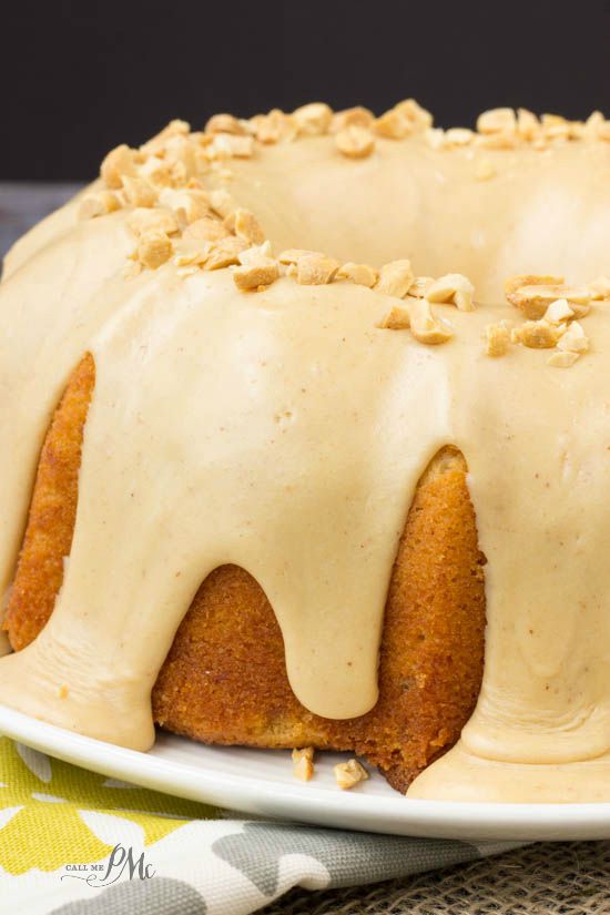 Peanut Butter Glazed Banana Pound Cake This is a moist cake with mashed bananas. It's perfect for any occasion or any season! Peanut Butter Glazed Banana Pound Cake