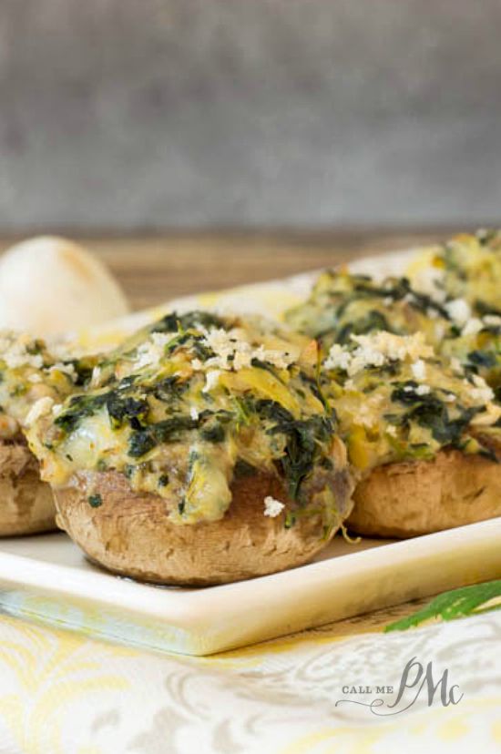 Spinach Artichoke Stuffed Mushrooms recipe, the rich and creamy dip is stuffed into mushroom caps in this meatless appetizer treat! #appetizer #mushrooms #spinach #veggies #meatless #recipes #easy #healthy #healthyfood #healthyrecipes #spinachartichokedip #dip #artichoke Spinach Artichoke Stuffed Mushrooms