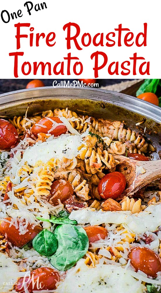 One Pan Spinach Cheese and Fire Roasted Tomato Pasta is just plain good eatin'! Pasta and cheese, the epitome of comfort food.