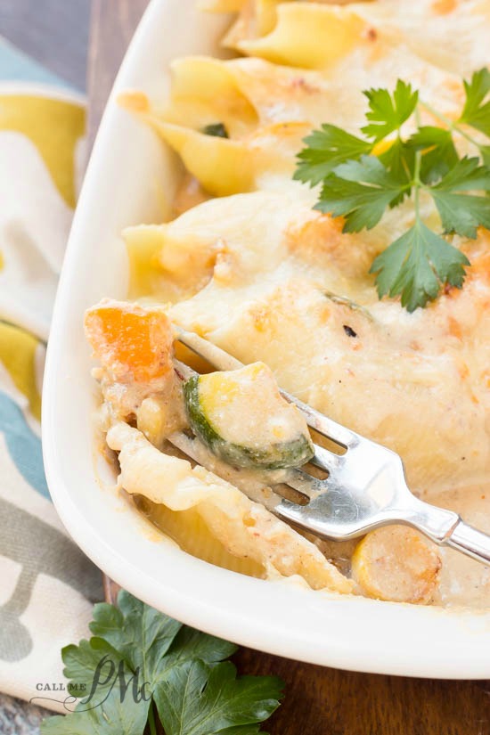 ricotta stuffed shells casserole with butternut squash and zucchini.