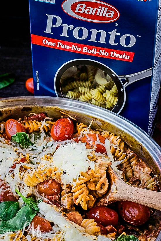 One Pan Spinach Cheese and Fire Roasted Tomato Pasta 