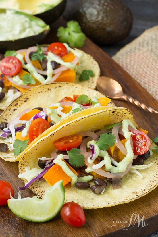 Black Bean Butternut Squash Tacos with Avocado Cream Sauce makes a scrumptious meatless filling for a taco meal.