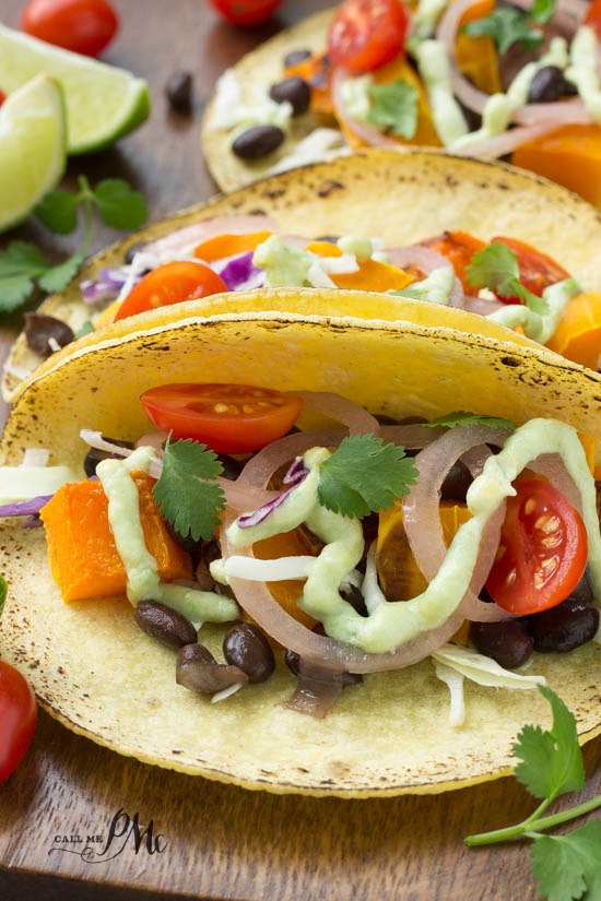 Full of hearty black beans, sweet butternut squash and smothered in a creamy, tangy avocado cream sauce, Black Bean Butternut Squash Tacos with Avocado Cream Sauce makes a scrumptious meatless filling for a taco meal.