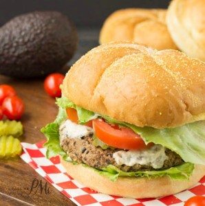 Spicy Homemade Black Bean Veggie Burger with Avocado Cream Sauce