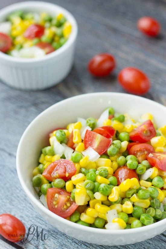Sweet and Sour Marinated English Pea and Corn Salad is bright and fresh.