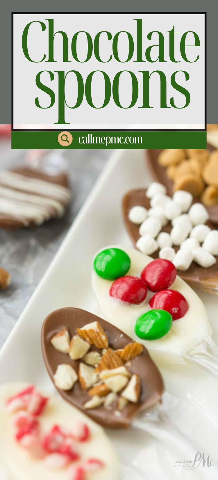A close-up of chocolate spoons decorated with mini marshmallows, almonds, candy-coated chocolates, and crushed peppermint on a white rectangular plate—a sweet idea if you’re wondering how to make chocolate covered spoons for gifting or parties.