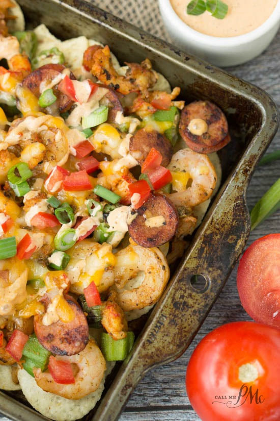 Spicy and hearty Cajun Etouffee Nachos recipe make a tasty appetizer for entertaining or serve with a side salad as a meal on their own.