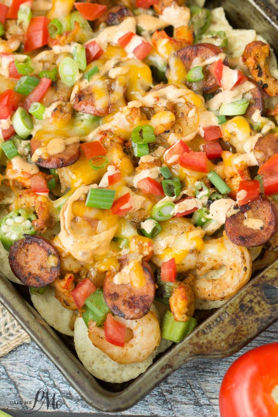 Cajun Etouffee Nachos recipe is layers of spicy goodness! 20 minute meal, appetizer or snack!