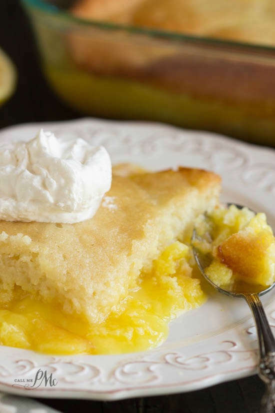 slice of lemon lava cake on a white plate.