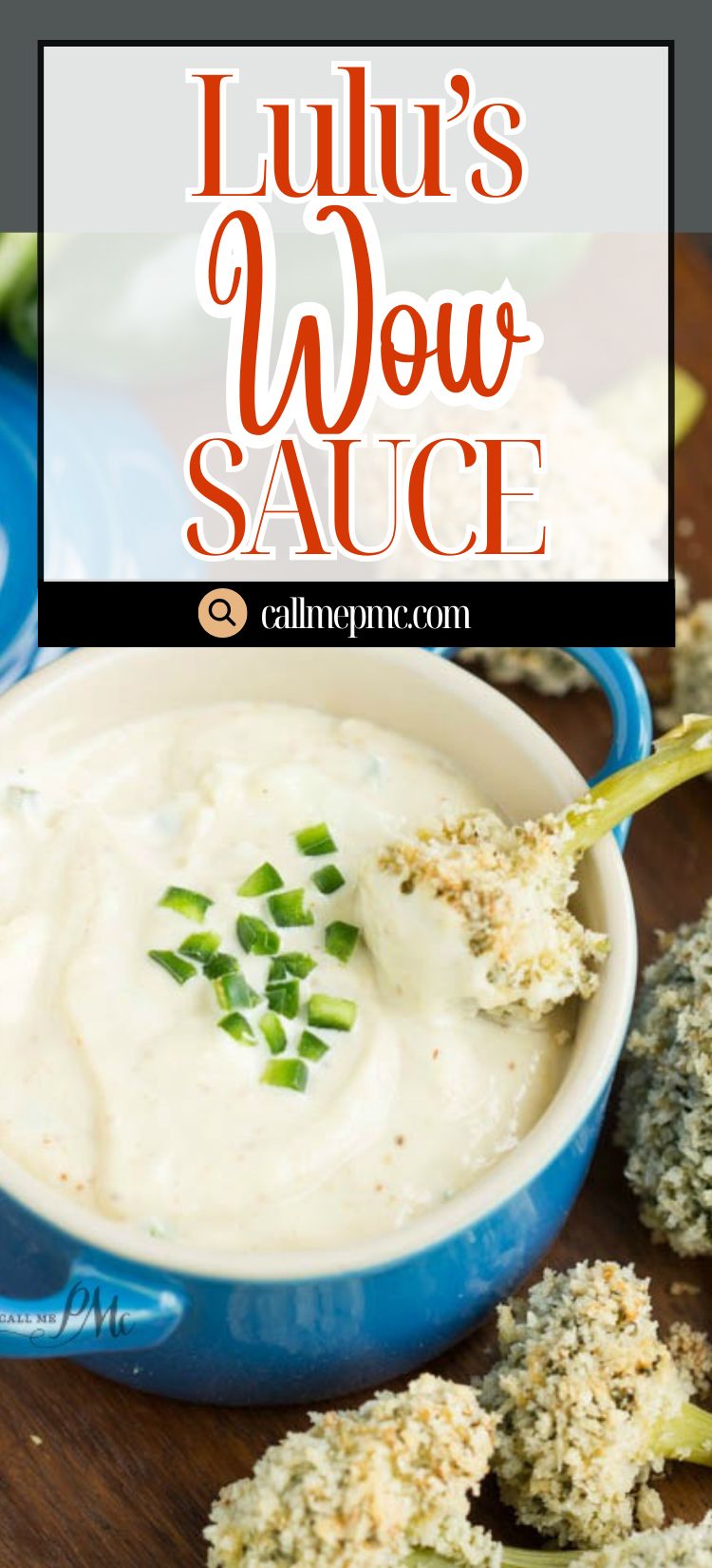 A blue bowl filled with creamy white sauce—Lulus Wow Sauce Recipe—garnished with chopped green peppers, served alongside breaded vegetables and a piece dipped into the flavorful sauce.
