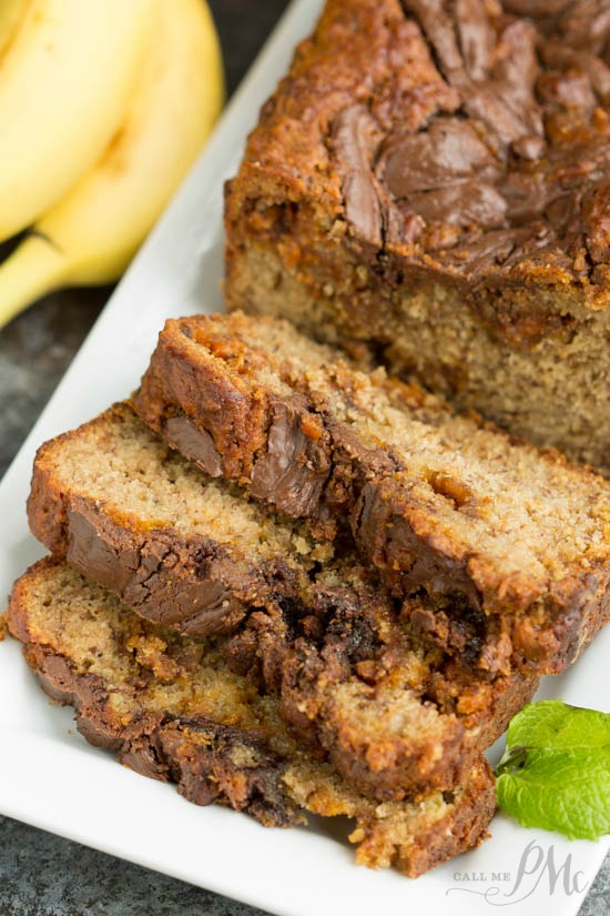 Nutella Swirled Peanut Butter Roasted Banana Bread recipe is extra chocolate and super tender.