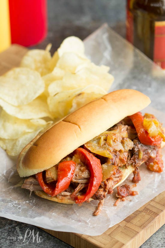 Slow Cooker Shredded Beef Roast and Pepper Hoagie Sandwiches  