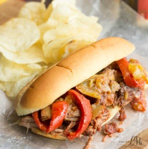 Slow Cooker Shredded Beef Roast and Pepper Hoagie Sandwiches