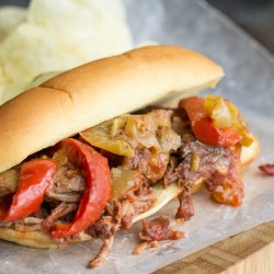 Slow Cooker Shredded Beef Roast and Pepper Hoagie Sandwiches