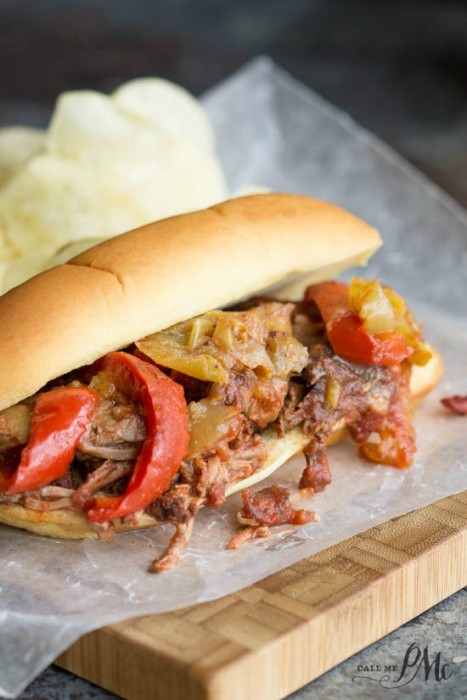 Slow Cooker Shredded Beef Roast and Pepper Hoagie Sandwiches