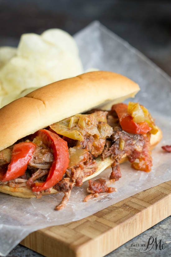 Slow Cooker Shredded Beef Roast and Pepper Hoagie  