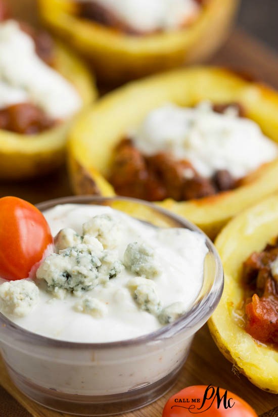 Chili Stuffed Potato Skins with Blue Cheese Greek Yogurt Dressing recipe - perfect for parties Chili Stuffed Potato Skins
