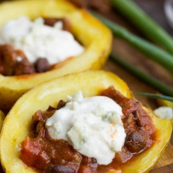 chili stuffed potato skins topped with Greek yogurt dressing.