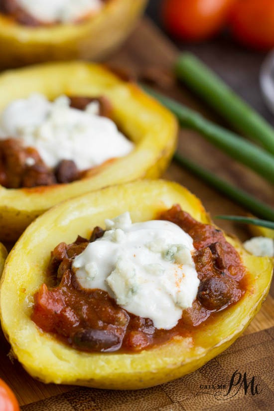 chili stuffed potato skins with blue cheese greek yogurt dressing a hearty appetizer for hungry guests.