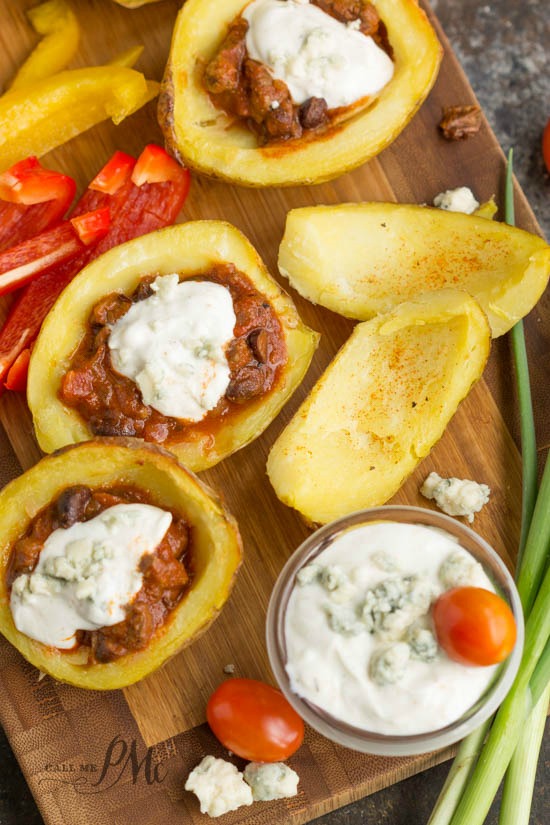 chili stuffed potato skins with blue cheese greek yogurt dressing recipe - this chili recipe is terrific! I hightly recommend it! potato skins stuffed with hearty chili.