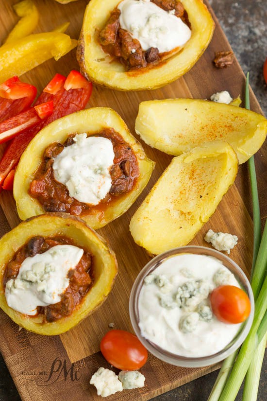 potato skins stuffed with hearty chili.