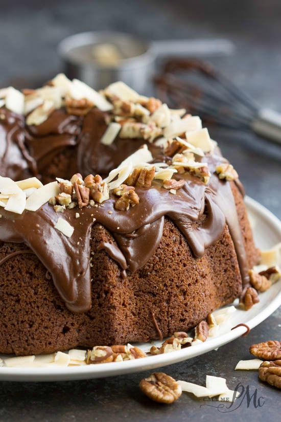 Chocolate Praline Bundt Cake on a platter.