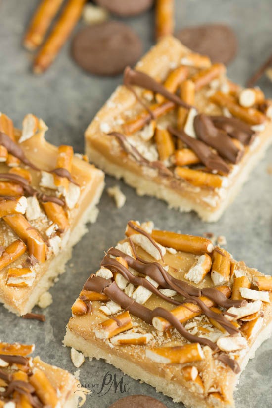 shortbread dessert with chocolate, caramel, and pretzels.