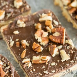 Chocolate Pecan Shortbread Bars recipe has a buttery shortbread crust and topped simply with luscious chocolate and salted pecans. #pecans #recipe #dessert #snack #cookie #bars #easy #recipes #shortbread