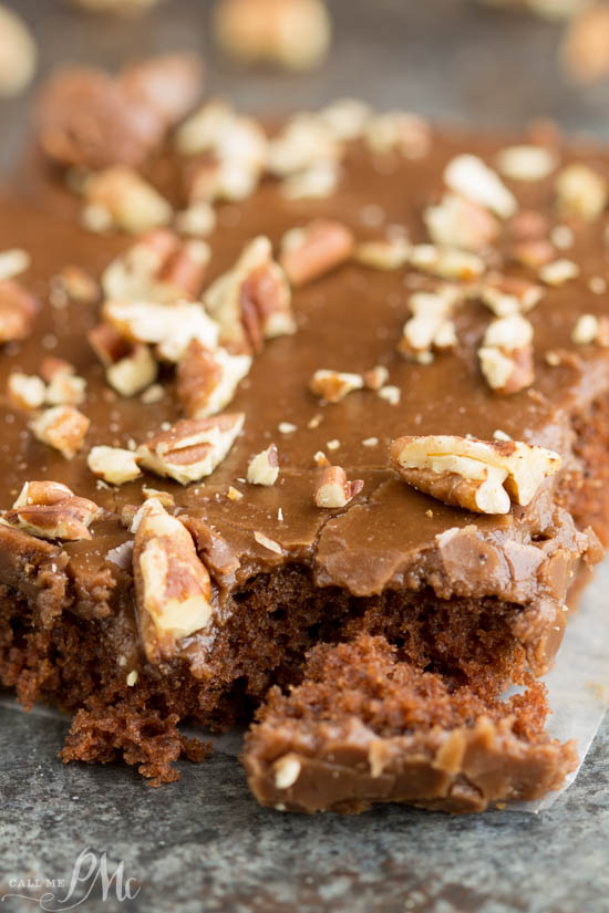 #SweetFUNd Diet Dr Pepper® Texas Sheet Cake recipe #ad is the best chocolate cake ever! slice of Dr Pepper cake.