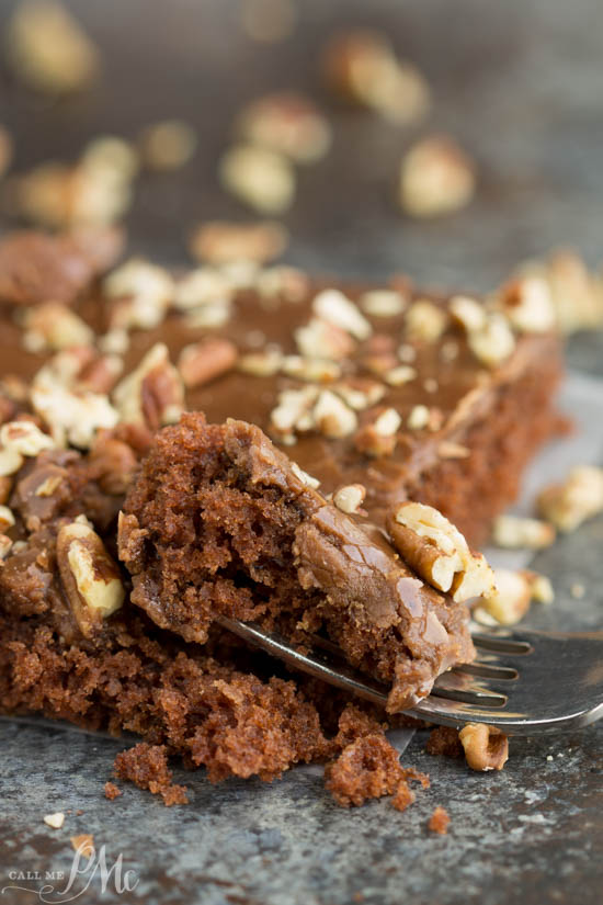 Diet Dr Pepper® Texas Sheet Cake recipe best ever chocolate dessert! fudgy chocolate dessert, close up.