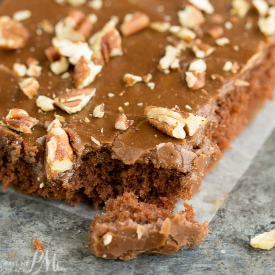 Diet Dr Pepper® Texas Sheet Cake recipe Slice of chocolate Dr Pepper cake with nuts.
