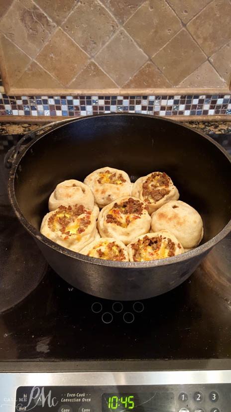 Dutch Oven Sausage Breakfast Pinwheels recipe Brunch appetizers in a Dutch oven.