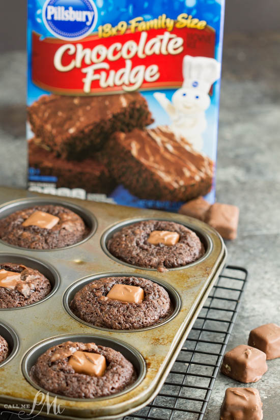 Snickers Candy Bar Brownie Bites dessert recipe - gooey, fudge brownies filled with candy bar. Impossibly easy recipe.