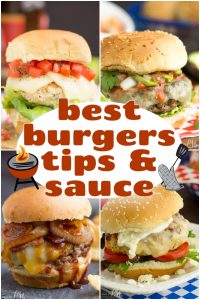 A collage of four different burgers surrounds text that reads “best burgers tips & sauce” with small grill and spatula illustrations, perfect for discovering the Best Burger Recipes.