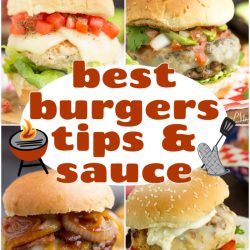 A collage of four different burgers surrounds text that reads “best burgers tips & sauce” with small grill and spatula illustrations, perfect for discovering the Best Burger Recipes.