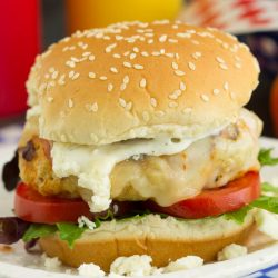 Buffalo Style Chicken Burgers with Easy Blue Cheese Ranch Dressing