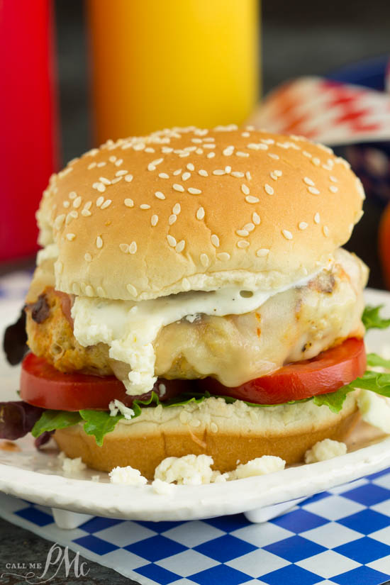 Buffalo Style Chicken Burgers with Easy Blue Cheese Ranch Dressing Recipe, juicy chicken burgers have the same flavors as the ever-popular chicken wings.