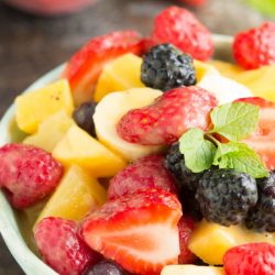 Instant Vanilla Pudding Fruit Salad dry instant pudding. It combines with the fruit juice to create a slightly sweet, rich sauce that coats every bite of the fruit.