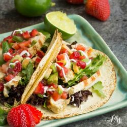 Mojito Grilled Chicken Tacos recipe with Strawberry Avocado Salsa is light and refreshing. A simple and easy marinade gives this Mojito Grilled Chicken an incredible flavor! Perfect on the grill, topped with traditional or strawberry salsa, or in a taco or burrito bowl!