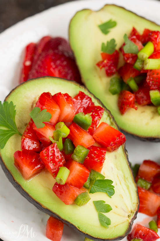 Avocados. Strawberry Salsa Stuffed Avocado Salad. Strawberry Salsa Filled Avocados the combination of sweet, spicy, creamy, and crunchy is so good!