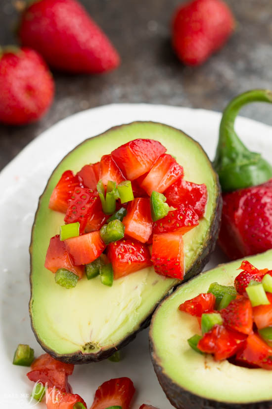 Avocados stuffed with Strawberry Salsa. salad. Strawberry Salsa Stuffed Avocados recipe.Strawberry Salsa Filled Avocados the combination of sweet, spicy, creamy, and crunchy is so good!