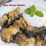 3 Step Oreo Cookie Dump Cobbler recipe. It's an easy dump-type dessert with crushed Oreo cookies