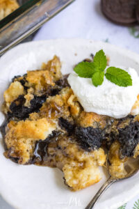 A close-up of a delectable 3 Step Oreo Cookie Dump Cobbler featuring golden cake and dark cookie pieces, topped with whipped cream and a sprig of mint, served on a white plate with a spoon.