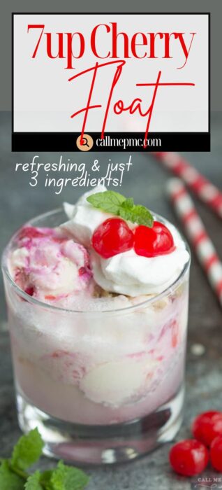 A glass of 7up® Cherry Float with vanilla ice cream, whipped cream, and cherries, garnished with mint. Two red-striped straws lie beside the glass. Text reads: "7up® Cherry Float—refreshing & just 3 ingredients!.