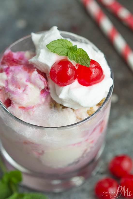 A glass full of white and pink ice cream. 7up® Cherry Float 